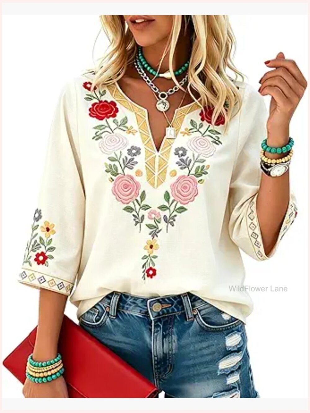 Boho Floral Embroidered Peasant Blouse 3/4 Sleeve V-Neck